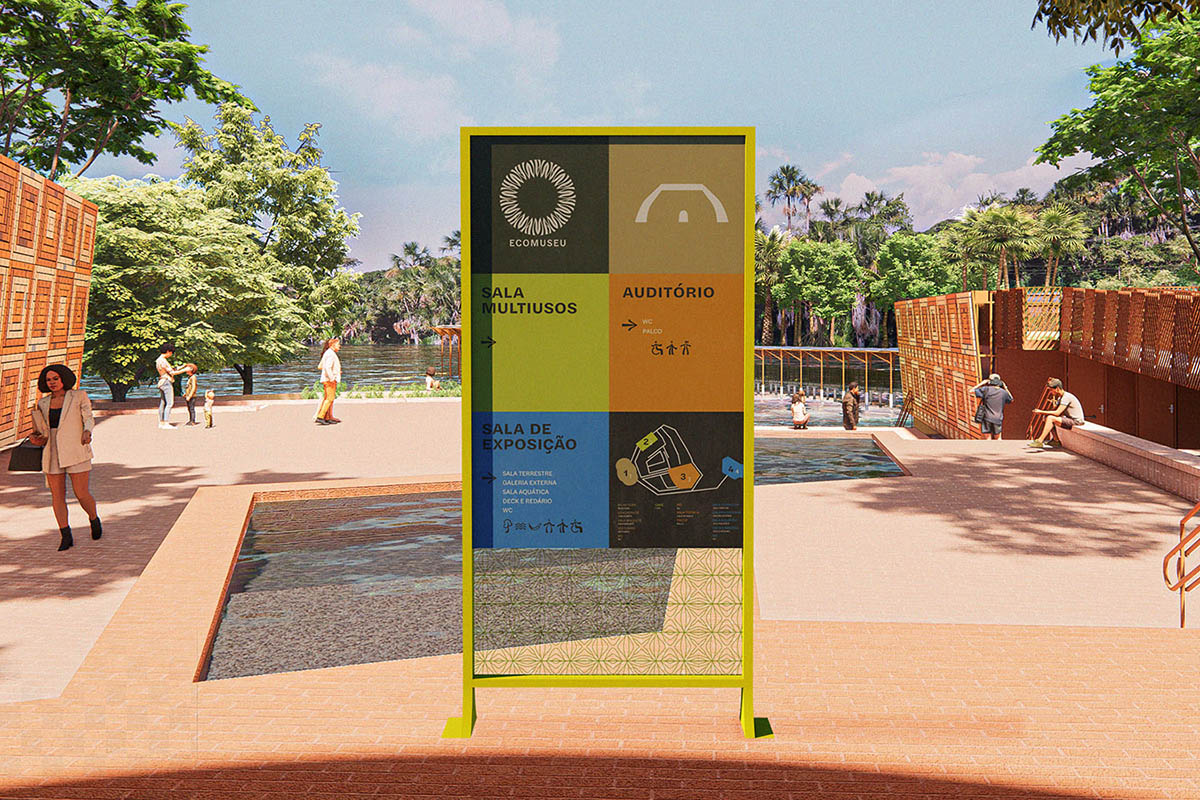 Totem de sinalização do Ecomuseu do Amapá, em perspectiva 3D
