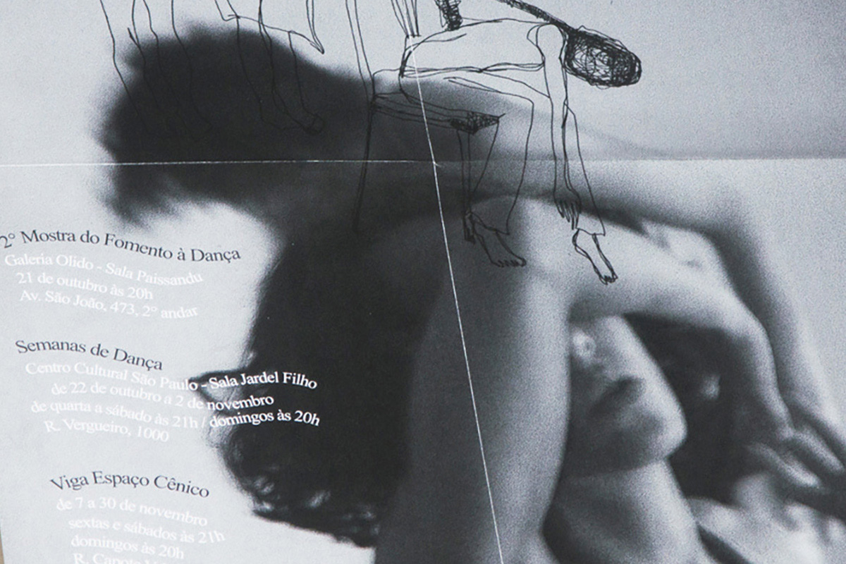 Cartaz de espetáculo da Cia. Perdida, com fotografia de dança em preto e branco e desenho a traço