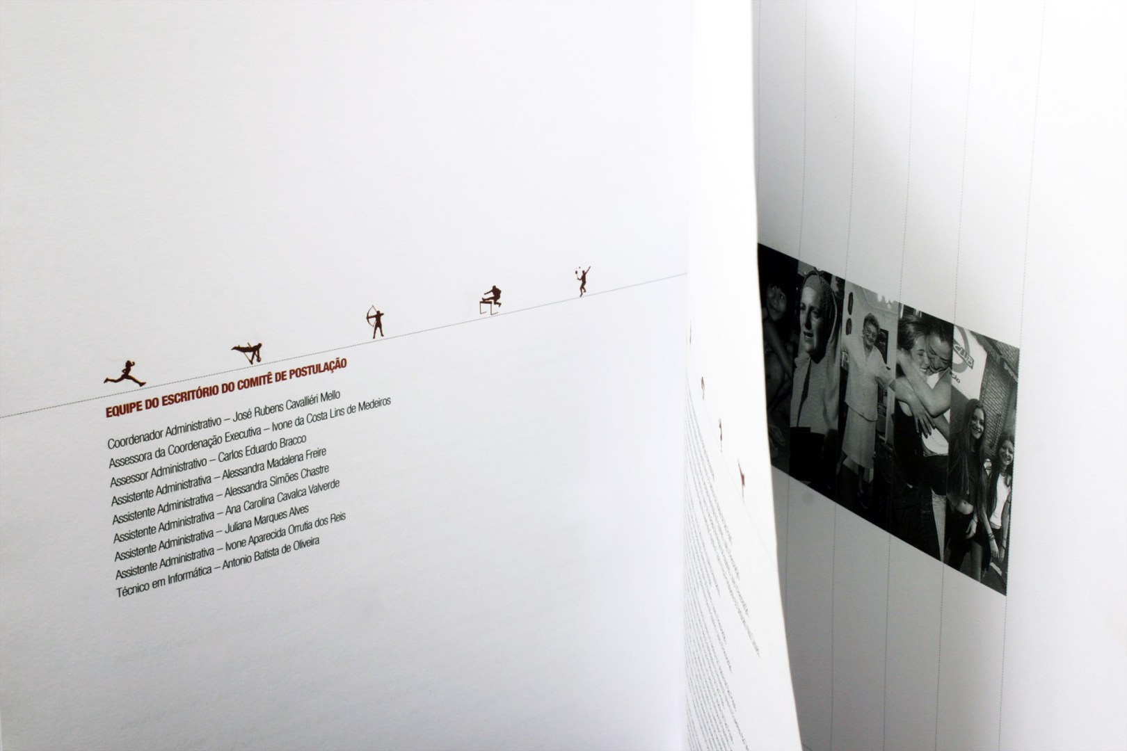 Ficha técnica do dossiê olímpico, com silhuetas de atletas em movimento sobre uma linha e fotos da equipe em preto e branco
